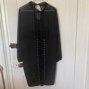 Iris Black Dress with Sheer Long Sleeves